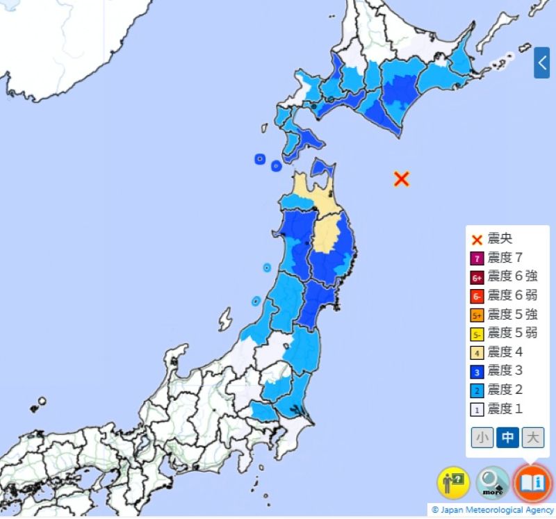 震度分布（9日午前6時52分ごろ、気象庁HPから）