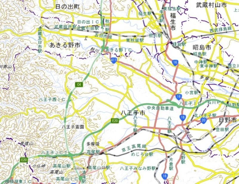 八王子西IC―八王子JCTの位置（地図中央左下）＝国土地理院HPから
