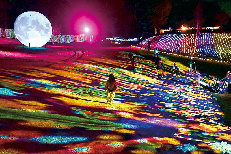 直径6メートルの月や虹色のイルミネーションをバックに、芝生に映し出されたプロジェクションマッピング＝9日、東松山市大谷の東松山ぼたん園