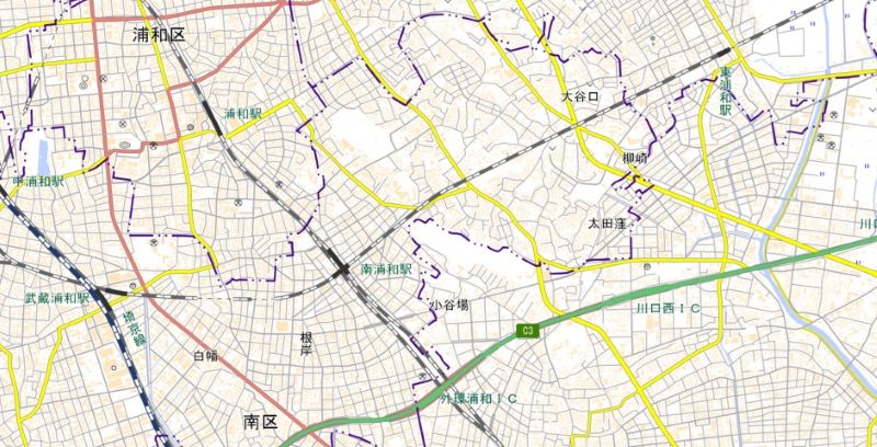 南浦和駅―東浦和駅の周辺図（国土地理院HPから）