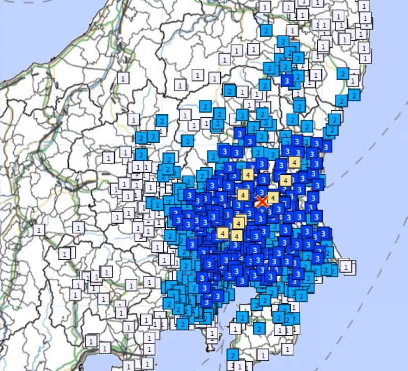 各都市の震度分布図（気象庁HPから）
