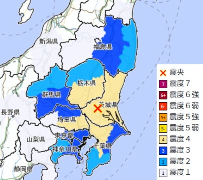 震度分布図（12日午後7時5分ごろ、気象庁HPから）