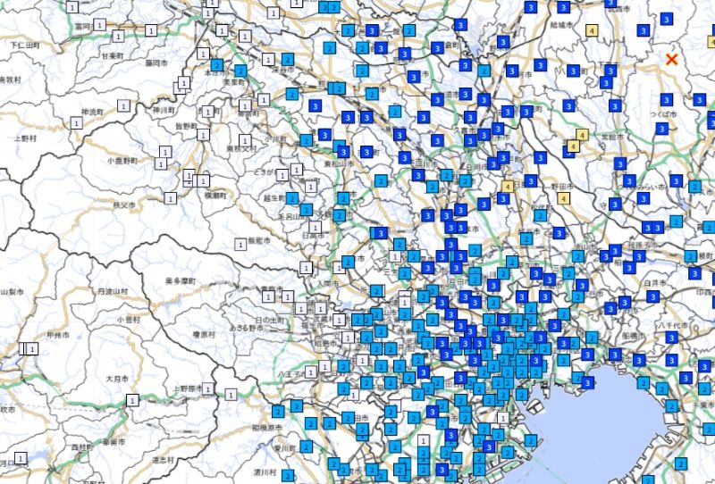 埼玉と東京の震度分布（12日午後7時5分、気象庁HPから）