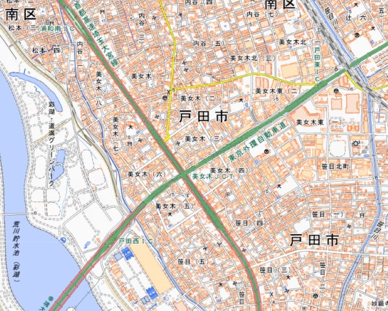 美女木JCT付近（国土地理院HPから）