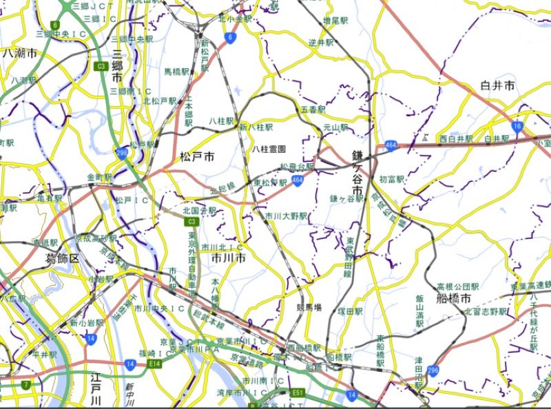 市川大野駅の位置（地図中央）＝国土地理院HPから