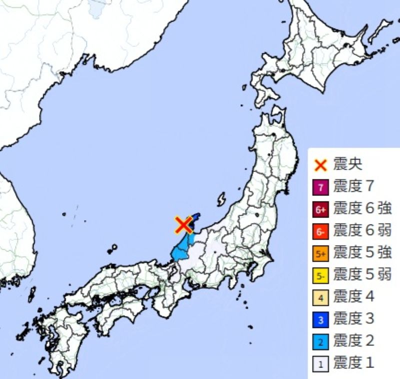 震度分布図2（15日午前4時3分ごろ、気象庁HPから）