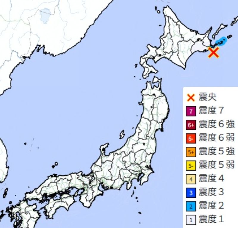 震度分布図3（15日午前8時44分ごろ、気象庁HPから）