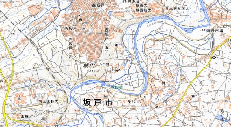 坂戸市多和目の位置。目撃現場は地図中央付近（国土地理院HPから）