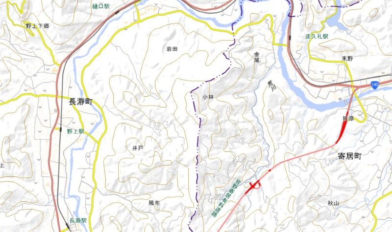 長瀞町風布（地図中央下）と野上下郷（地図左上）＝国土地理院HPから