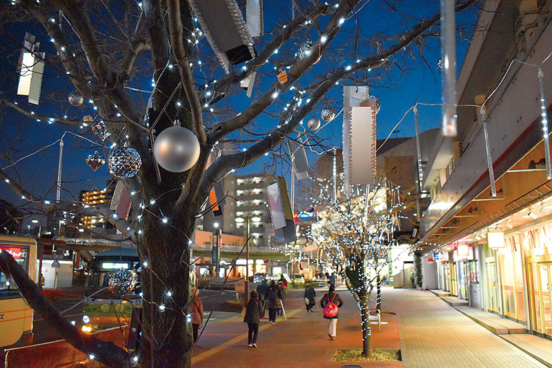 太陽光発電のライトや廃棄予定のプラスチック版で作られたオーナメントが飾られたイルミネーション