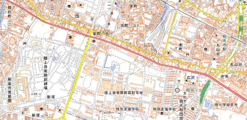 国道254号の埼玉県朝霞市警察署前―同市栄町4丁目周辺（国土地理院HPから）