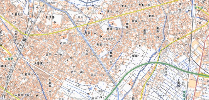 久喜市青葉1丁目（地図中央付近）＝国土地理院HPから