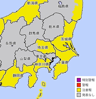 強風注意報が発表されたエリア（25日午後4時26分、気象庁HPから）