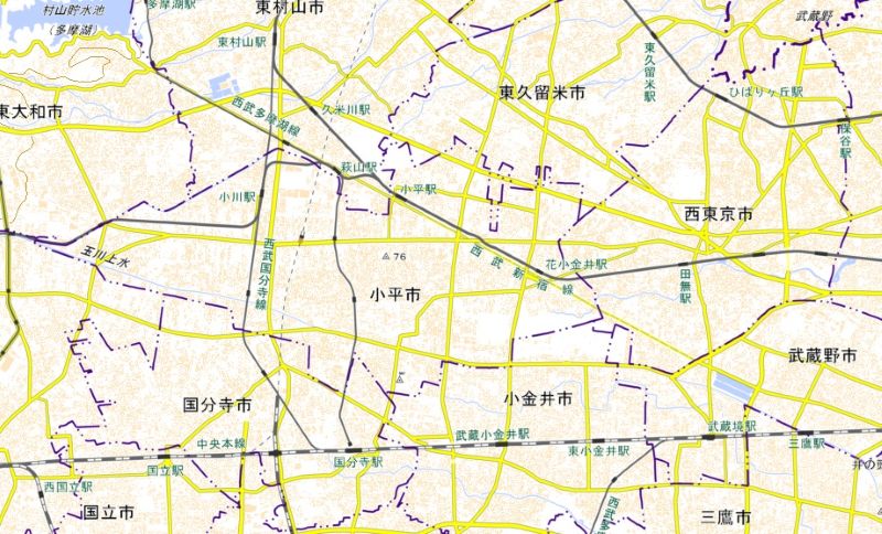 国分寺駅の位置（地図左下）＝国土地理院HPから