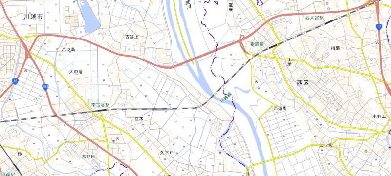 指扇―南古谷駅の位置（国土地理院HPから）