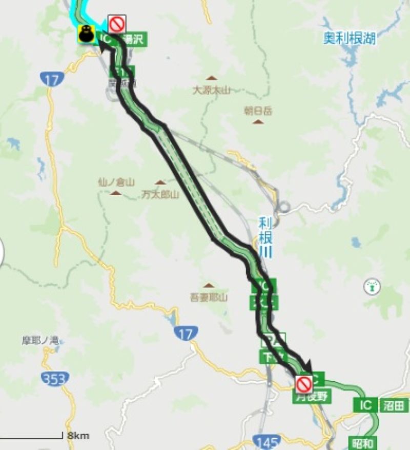 通行止めとなっている月夜野IC―湯沢IC間（黒い線）＝NEXCO東日本ドライブトラフィックから