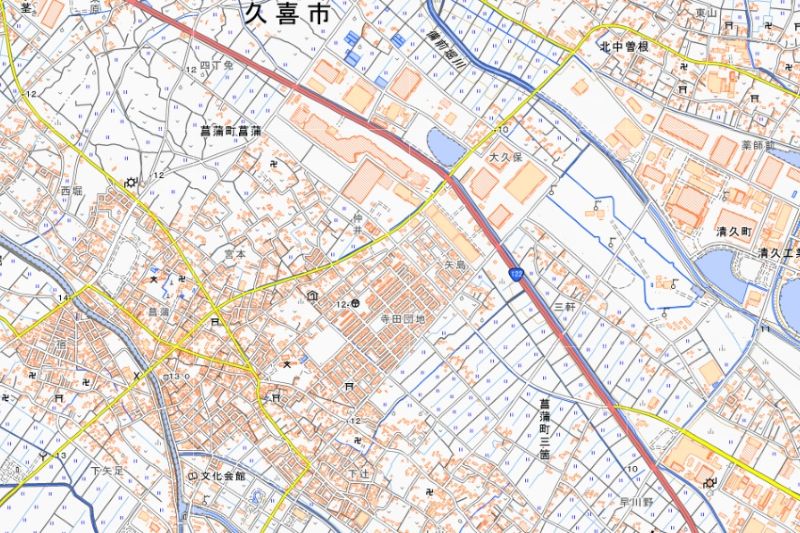 久喜市（菖蒲町三箇、菖蒲）の位置＝国土地理院HPから