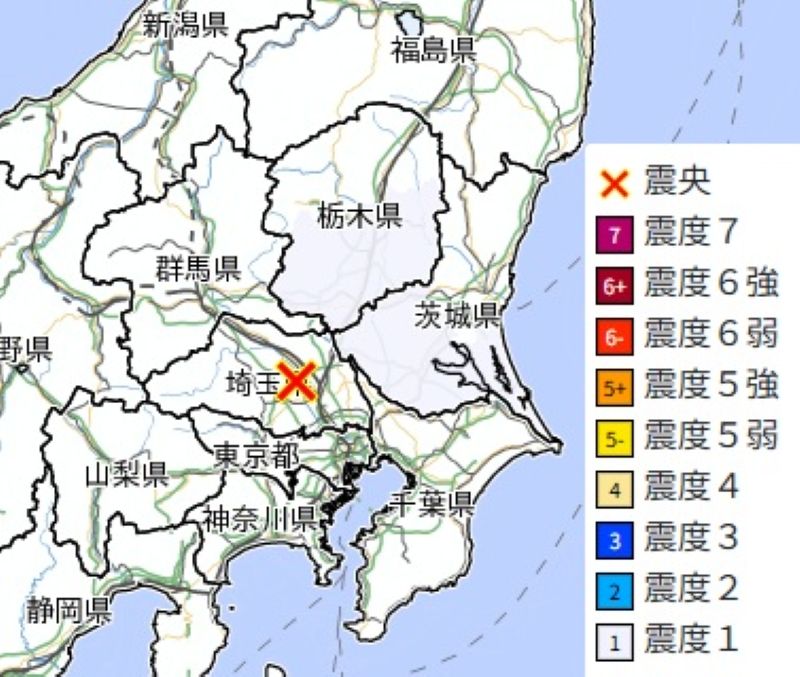 震源と震度分布（29日午後9時8分、気象庁HPから）