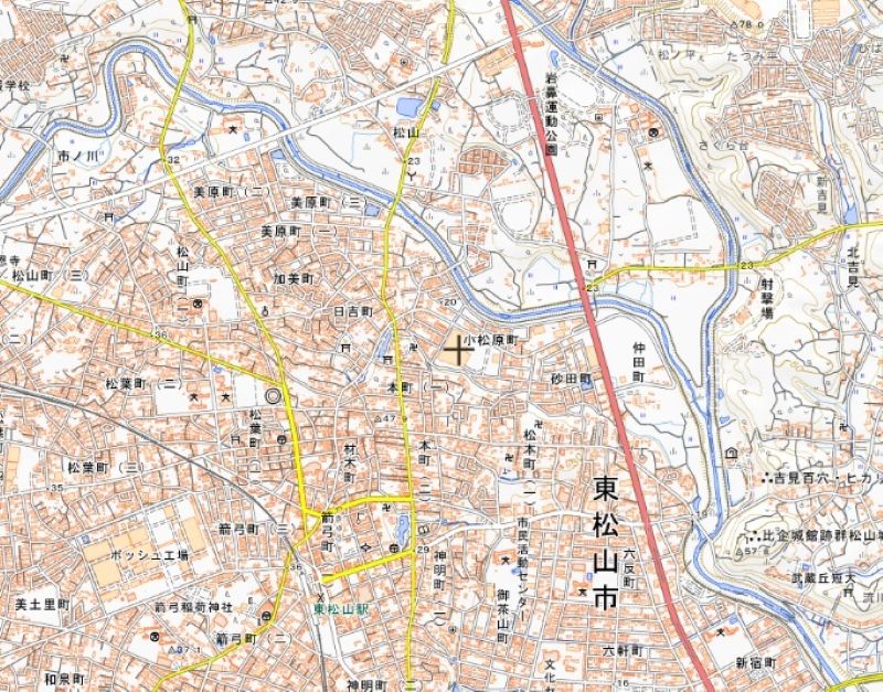 メガセンタートライアル東松山店の位置（地図中央付近）＝国土地理院HPから