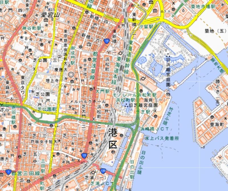 JR浜松町駅の位置（地図中央付近）＝国土地理院HPから