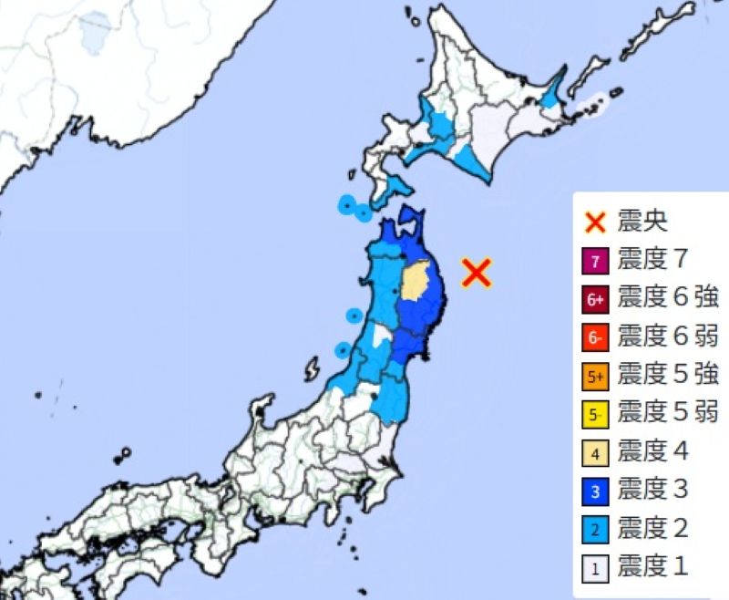震源と震度分布（12月31日午後11時27分ごろ、気象庁HPから）