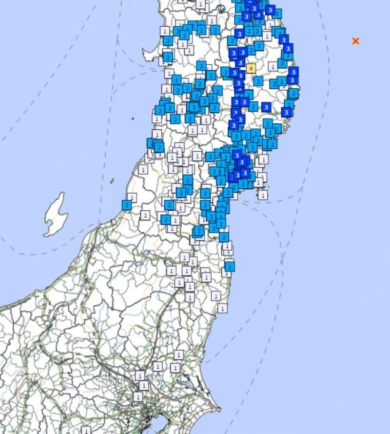 震源と震度分布詳細（12月31日午後11時27分ごろ、気象庁HPから）