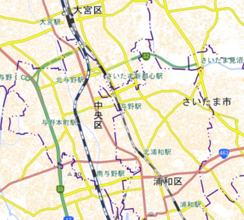 浦和―大宮間の位置（国土地理院HPから）