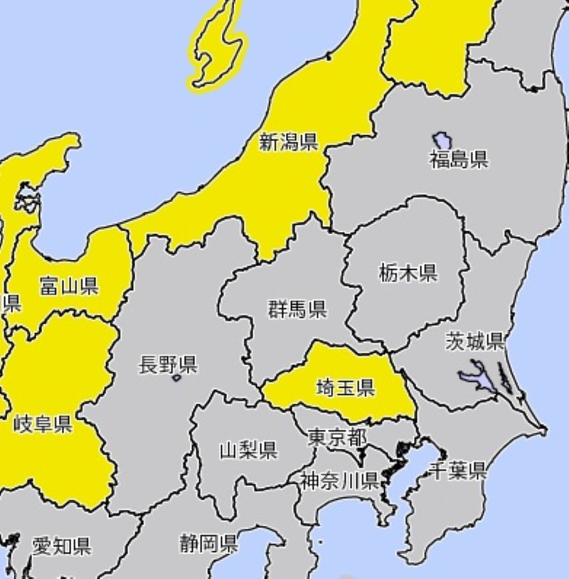 雷注意報が発表されているエリア（2日午前7時29分、気象庁HPから）