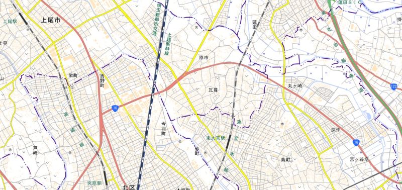 上尾市瓦葺の周辺図（地図の中央付近）＝国土地理院HPから