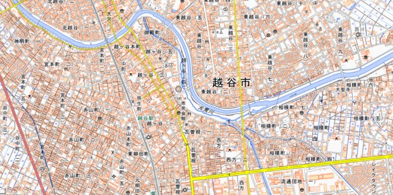 越谷市東越谷2丁目（地図中央付近）＝国土地理院HPから