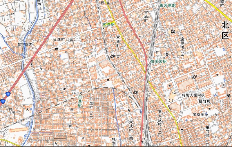 宮原駅の位置（地図中央上）＝国土地理院HPから