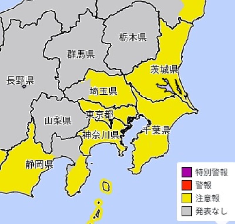 強風注意報が発表されてるエリア（8日午前8時16分、気象庁HPから）