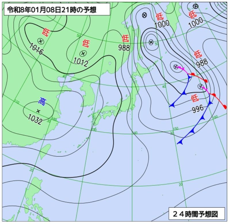 予想天気図（8日午後9時、気象庁HPから）