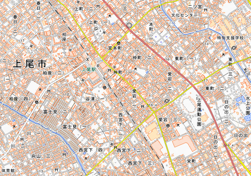 上尾市谷津2丁目の周辺（国土地理院HPより）