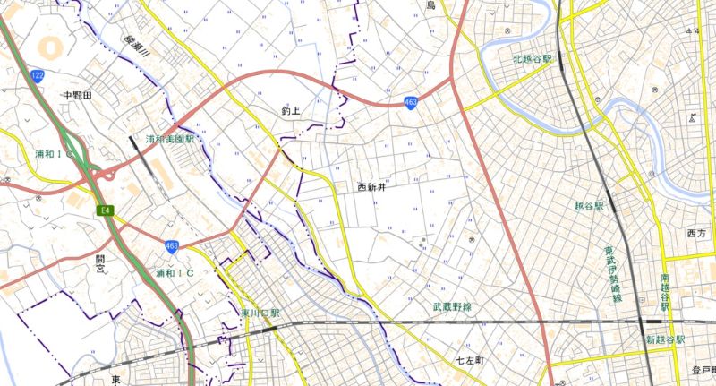 越谷市西新井（地図中央付近）＝国土地理院HPから