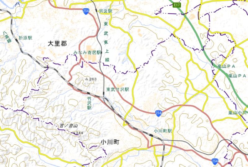 小川町駅―東武竹沢駅の位置（国土地理院HPから）