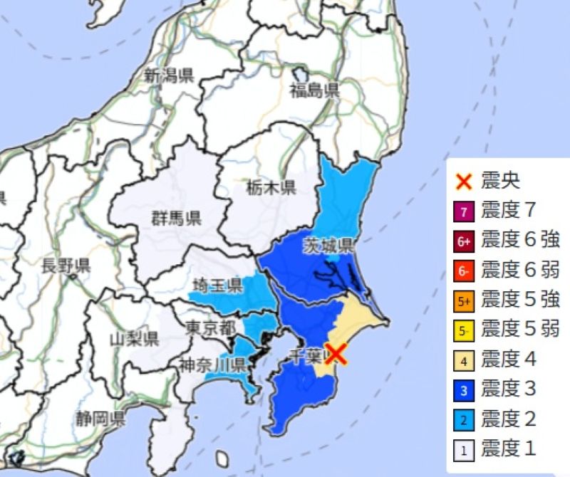 震源地と震度分布（9日午後8時8分ごろ、気象庁HPから）
