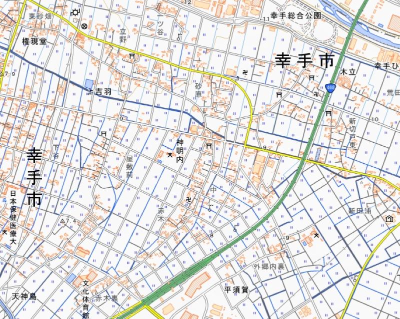 幸手市神明内の位置（地図中央付近）＝国土地理院HPから