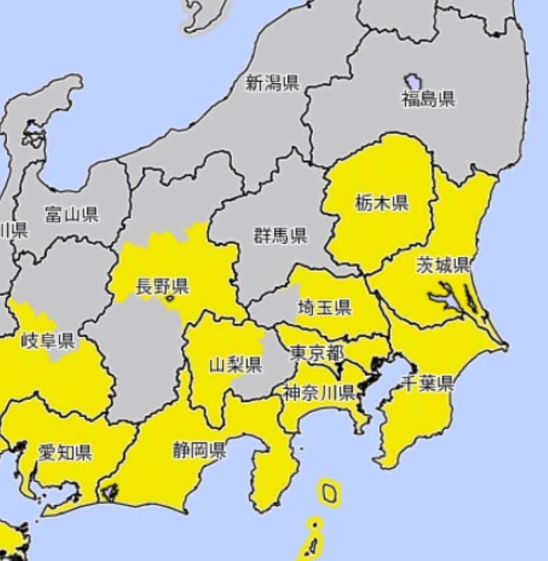 強風注意報が発表されたエリア（11日、気象庁HPから）