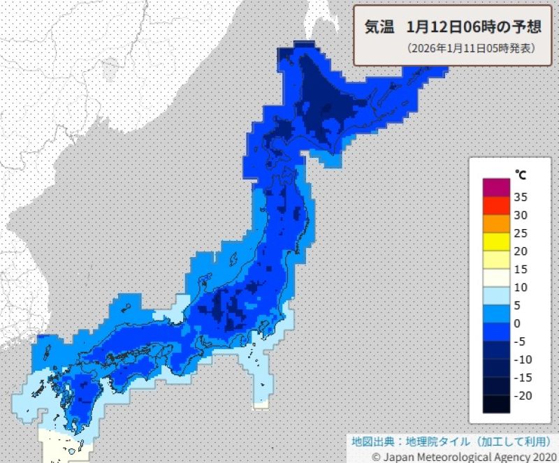 明日朝の予想気温（12日午前6時、気象庁HPから）