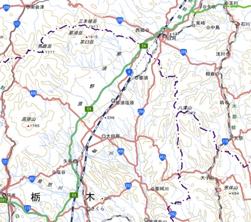 那須塩原駅の位置（地図中央付近）＝国土地理院HPから