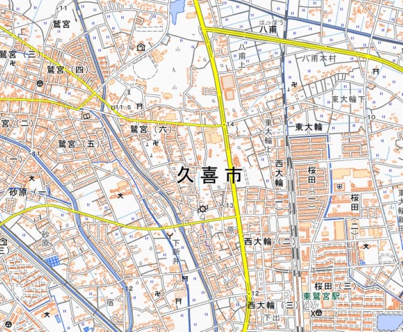 久喜市内（八甫、鷲宮5丁目、東大輪）の位置＝国土地理院HPから