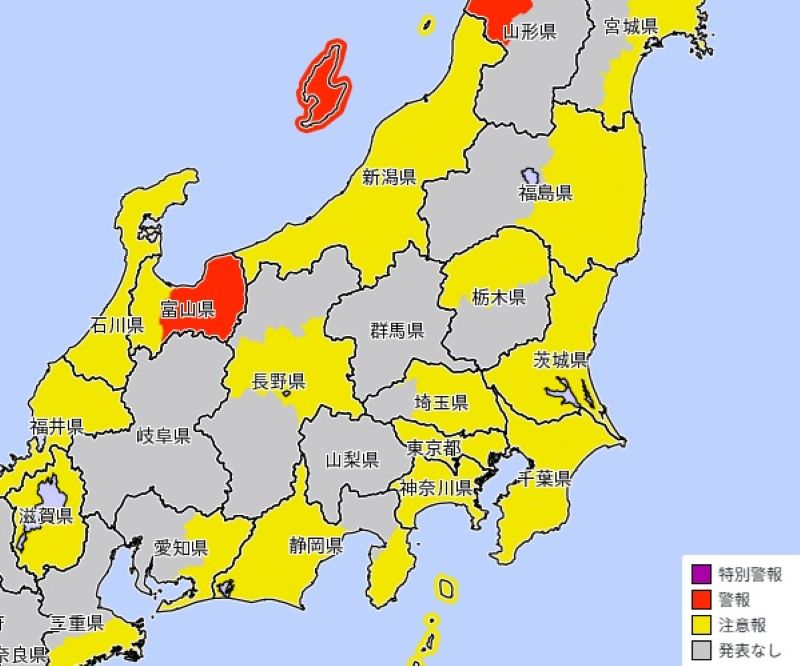 暴風・強風警報や注意報が出ているエリア（13日、気象庁HPから）