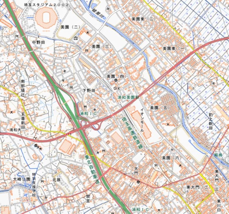 ペコちゃんmilkyタイム浦和美園店がオープンする浦和美園駅（地図中央付近）＝国土地理院HPから