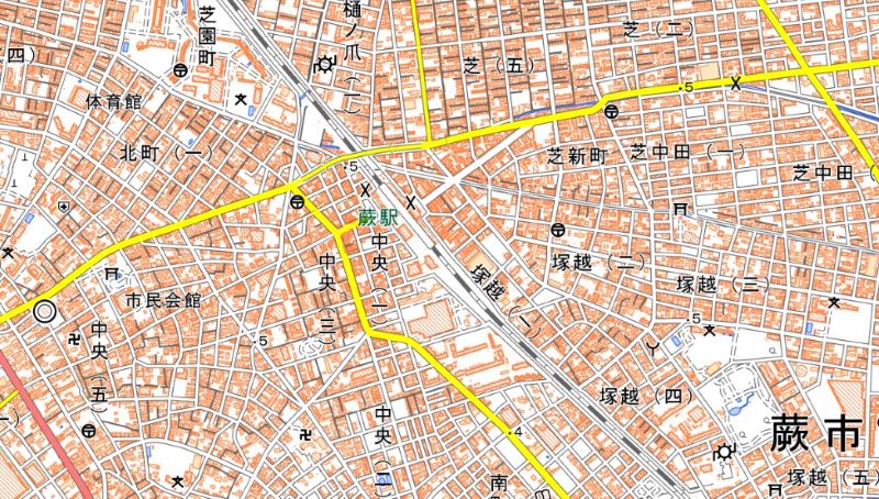 川口市芝新町の位置（中央右上）＝国土地理院HPから