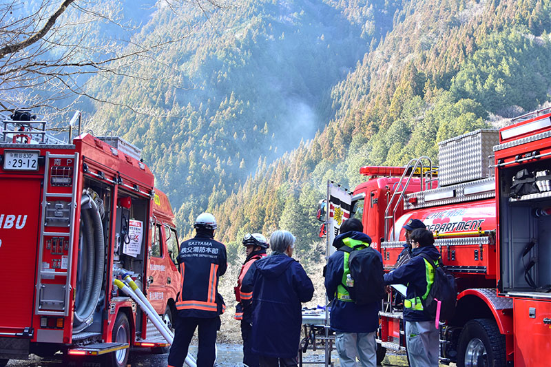 大洞川つり橋付近で発生した山林火災＝18日正午ごろ、秩父市内