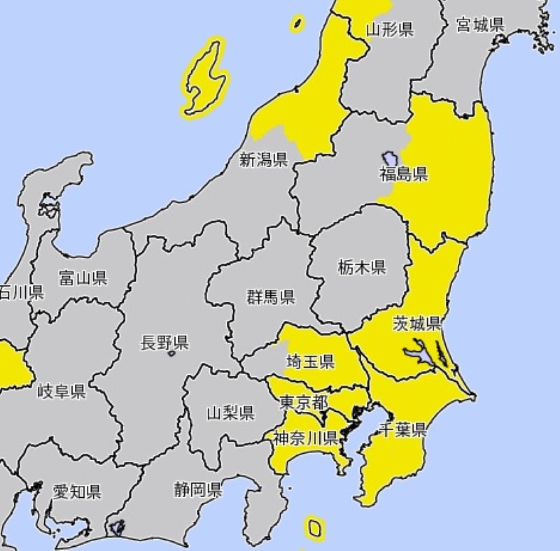 強風注意報が出ているエリア（19日午後4時、気象庁HPから）