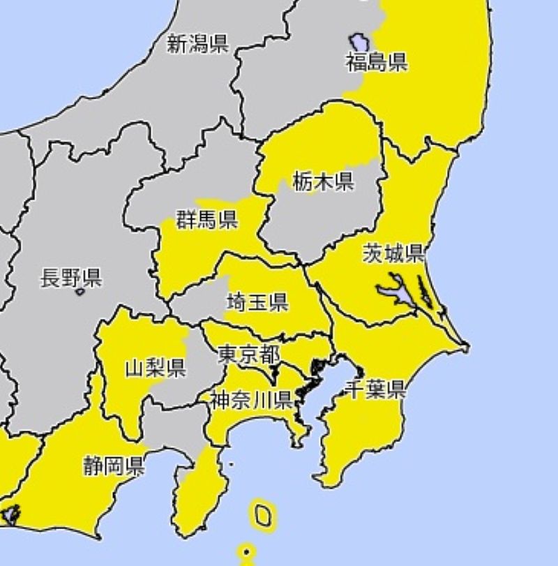 強風注意報が発表されているエリア（20日午前11時、気象庁HPから）