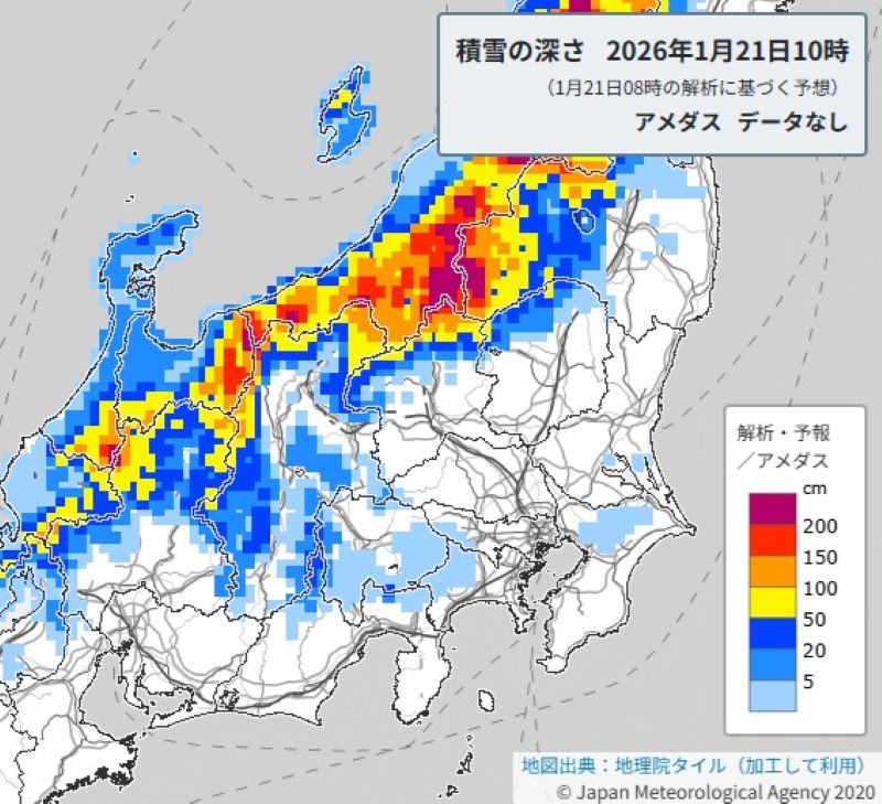 積雪の深さの予想（21日午前10時、気象庁HPから）