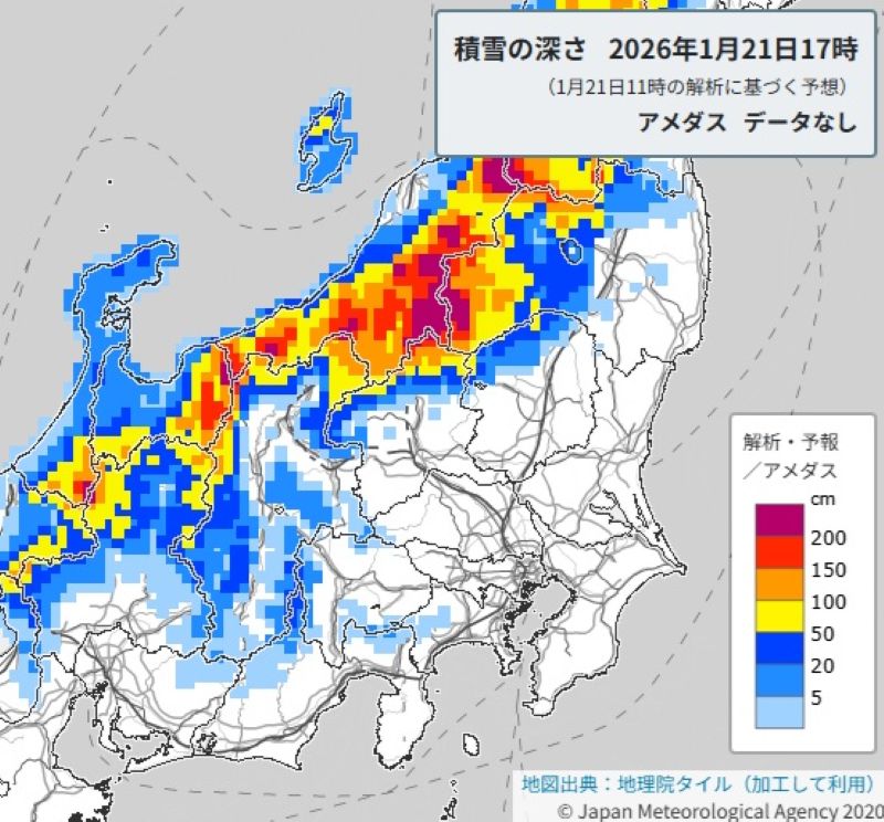 積雪の深さの予想（21日午後5時、気象庁HPから）